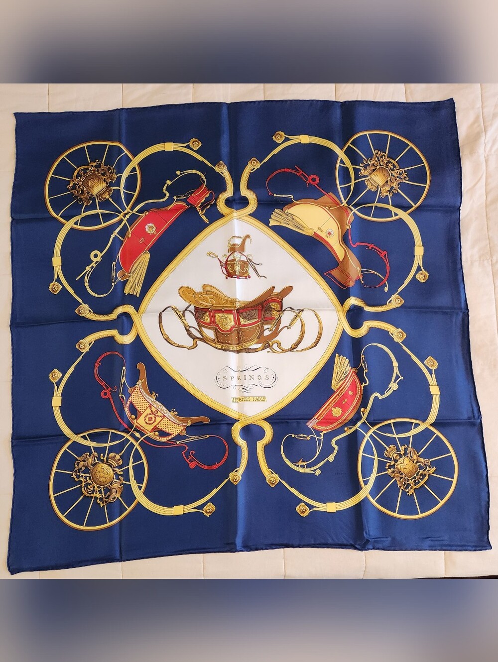 Hermes Carre 90 Springs Scarf Muffler Vintage Navy Gold Red Silk w/Orig Box EUC